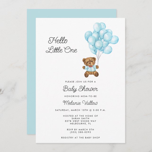 Invitation Cute Bear Boy Blue Baby Shower Invite (Devant / Derrière)