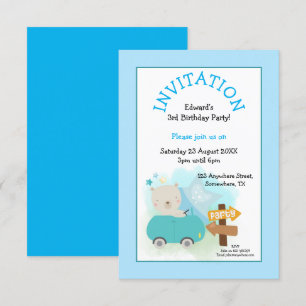 Invitation Cute Bear Car Boy 3e anniversaire Party Blue