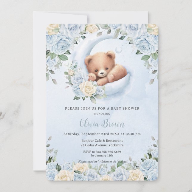 Invitation Cute Bear Croissant Lune Bleu Baby shower Floral (Devant)