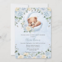 Cute Bear Croissant Lune Bleu Baby shower Floral
