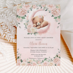 Invitation Cute Bear Croissant Lune Blush Floral Baby shower