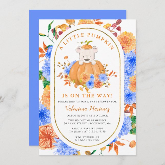 Invitation Cute Bear dans un Citrouille Boy Fall Baby shower  (Devant / Derrière)