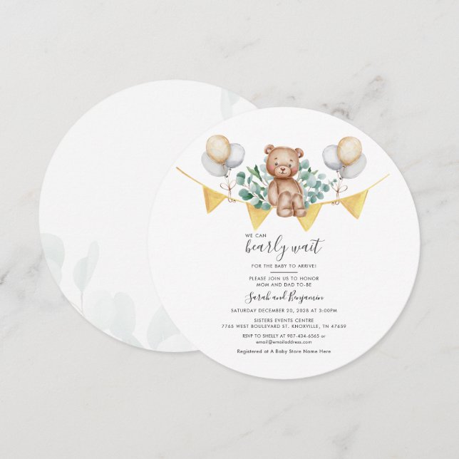 Invitation Cute Bear Eucalyptus Couple Baby Shower Botanique (Devant / Derrière)