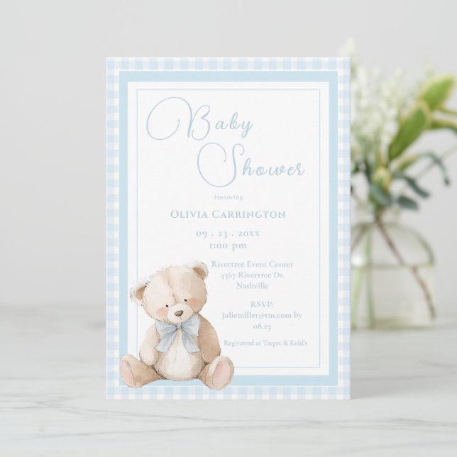 Invitation Cute Bear Gingham Vintage Baby Shower (Debout devant)