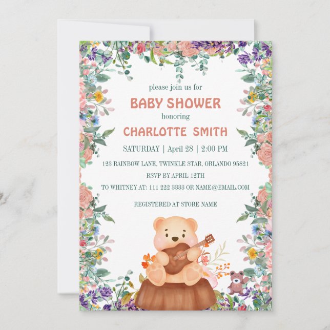 Invitation Cute Bear jouer guitare flore baby shower aquarell (Devant)