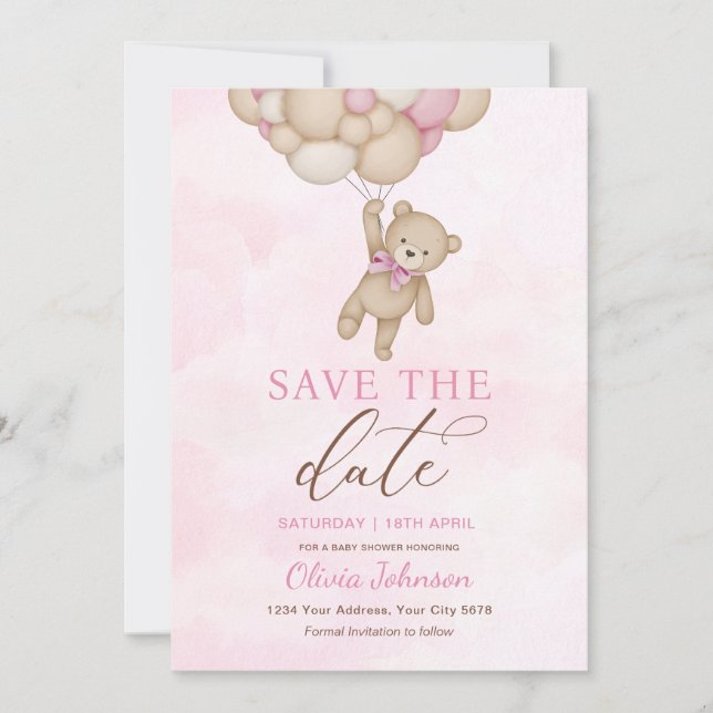 Invitation Cute Bear Pink Save the Date (Devant)