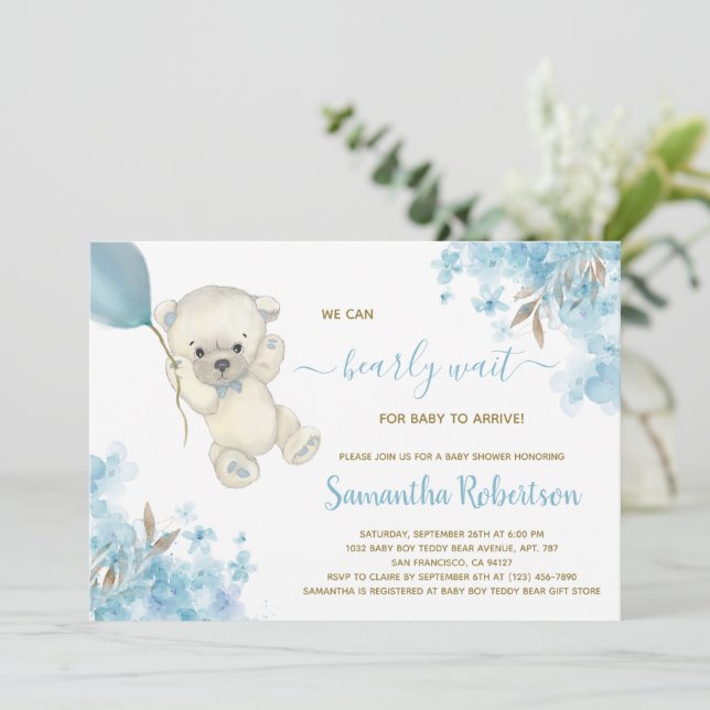 Invitation Cute Bear Teddy Blue Balloon Baby shower garçon (Debout devant)