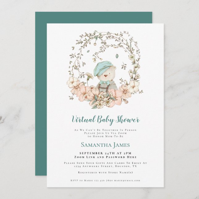 Invitation Cute Bear Vintage Turquoise Baby shower virtuel (Devant / Derrière)