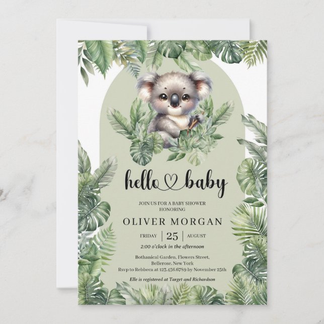 Invitation Cute bébé koala Aquarelle vert tropicale (Devant)