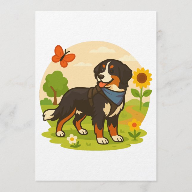 Invitation Cute Bernese Mountain Dog with Sunflower & Butterf (Devant)
