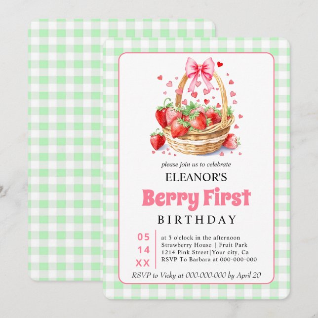 Invitation Cute Berry First Birthday strawberries for girls (Devant / Derrière)