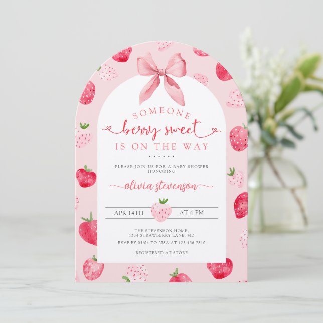 Invitation Cute Berry Sweet Baby Shower Strawberries Pink (Debout devant)