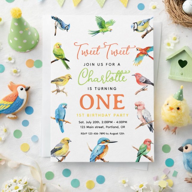 Invitation Cute Bird 1er Anniversaire | Douce Fête de Bébé Oi (Cute Bird 1st Birthday Party Invitation)