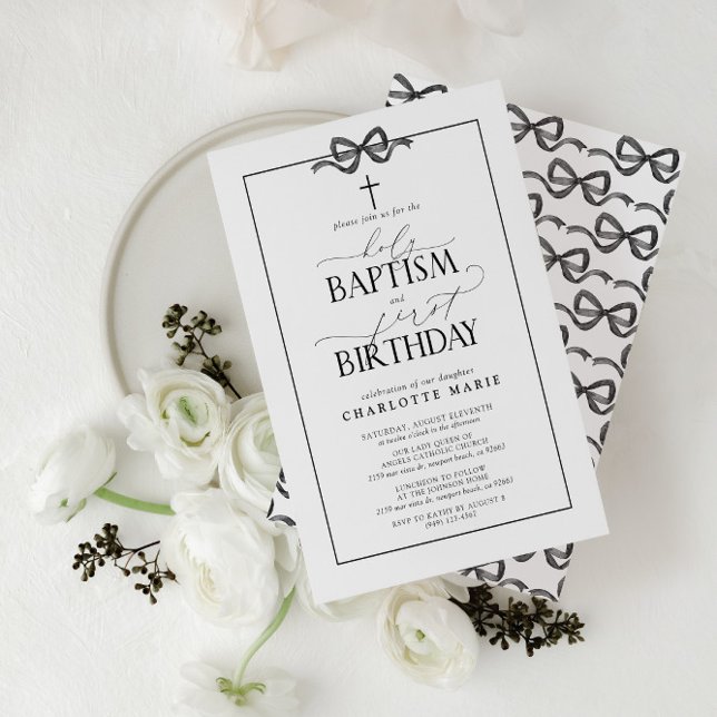 Invitation Cute Black Bow Girl Baptême Saint et 1er anniversa (Easily personalize this beautiful baptism and first birthday invitation with your personal details)