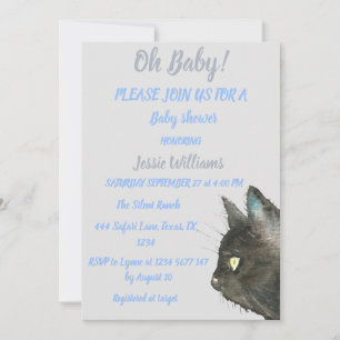 Invitation Cute Black Cat Kitty Kitten Blue Baby boy shower