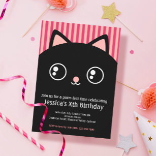 Invitation Cute Black Cat Kitty Visage Anniversaire de enfant