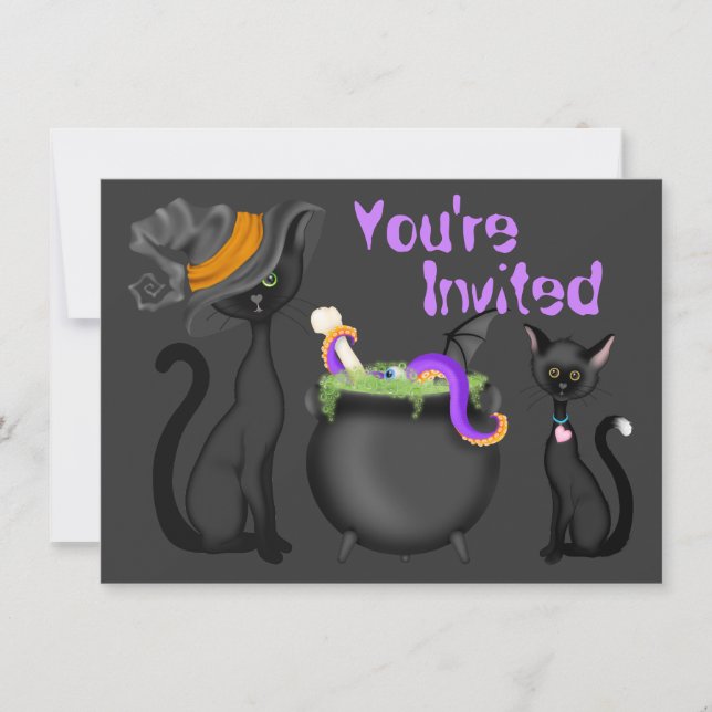 Invitation Cute Black Cats et Cauldron Baby shower d'Hallowee (Devant)