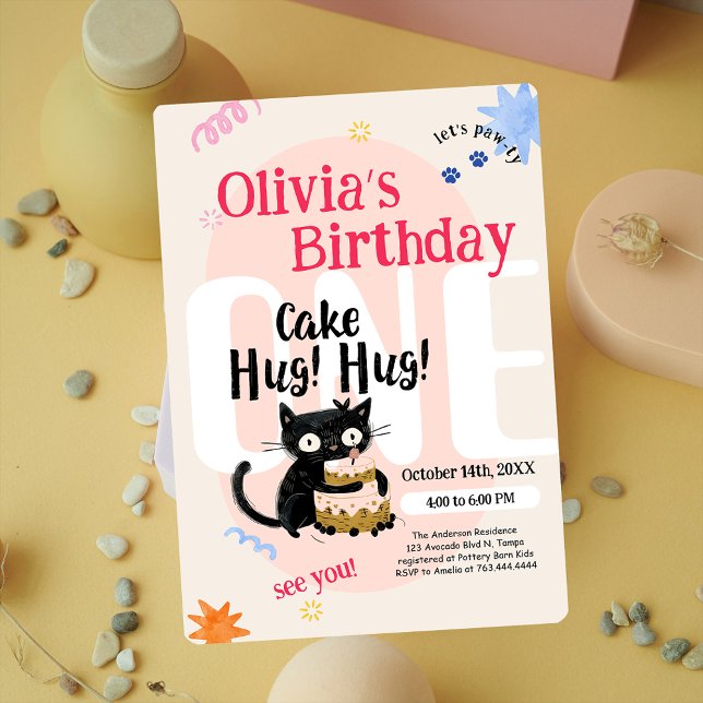 Invitation Cute Black Chat 1er fête d'anniversaire (Cute Black Cat 1st Birthday Party Invitation)