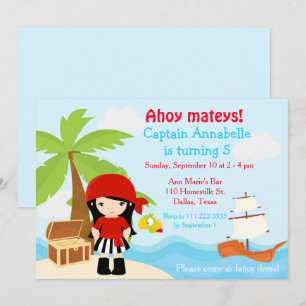 Invitation Cute Black Cheveux Pirate Girl Anniversaire Fête