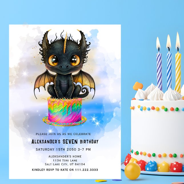 Invitation Cute Black Dragon Rainbow Cake Fairytale Birthday  (Créateur téléchargé)
