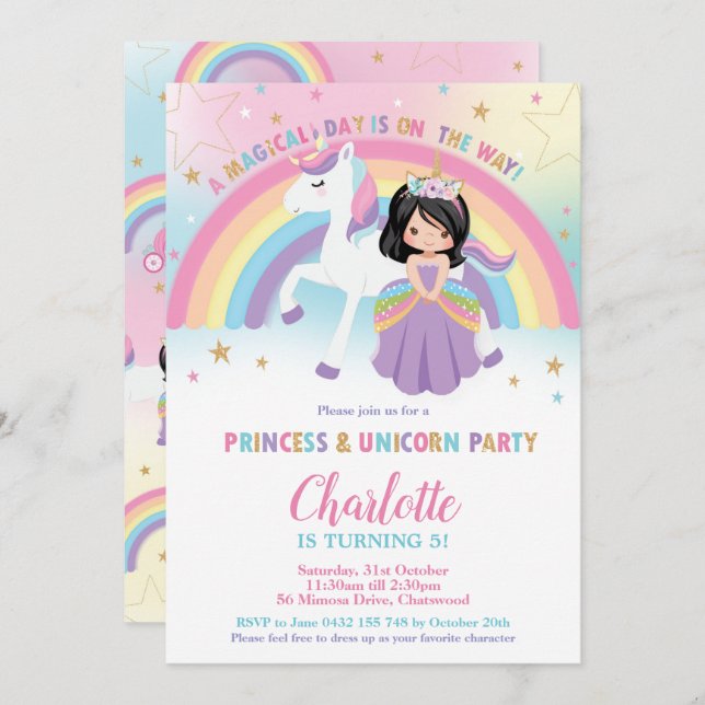 Invitation Cute Black Hair Princess Unicorn Rainbow Anniversa (Devant / Derrière)