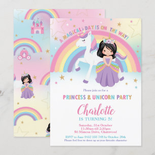 Invitation Cute Black Hair Princess Unicorn Rainbow Anniversa