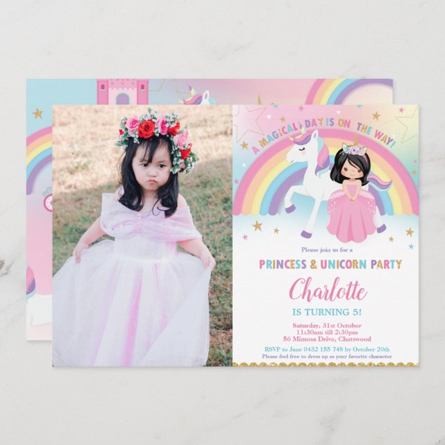 Invitation Cute Black Hair Princess Unicorn Rainbow Anniversa (Devant / Derrière)