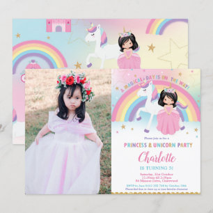 Invitation Cute Black Hair Princess Unicorn Rainbow Anniversa