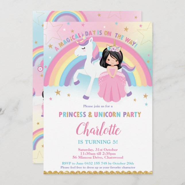 Invitation Cute Black Hair Princess Unicorn Rainbow Anniversa (Devant / Derrière)