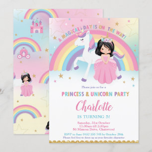 Invitation Cute Black Hair Princess Unicorn Rainbow Anniversa