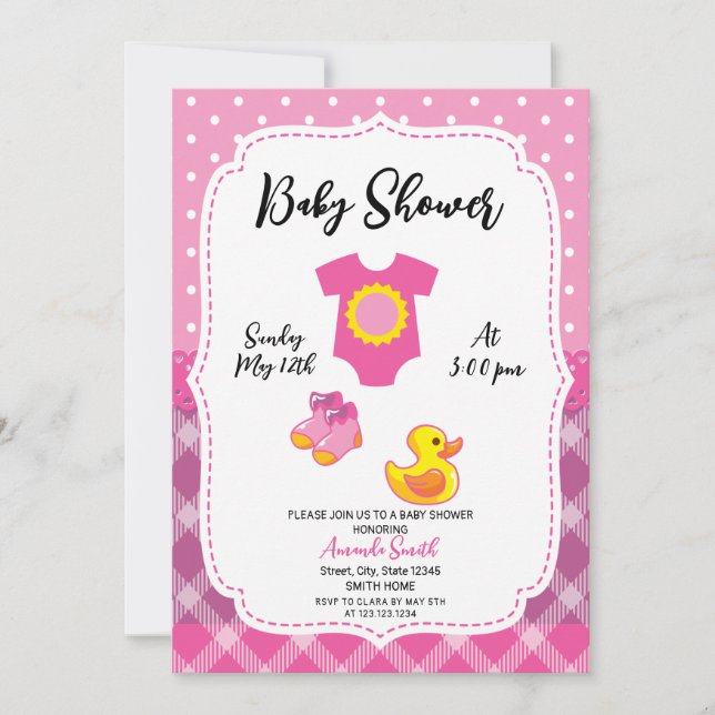 Invitation Cute blanc et rose Baby shower fille canard en cao (Devant)
