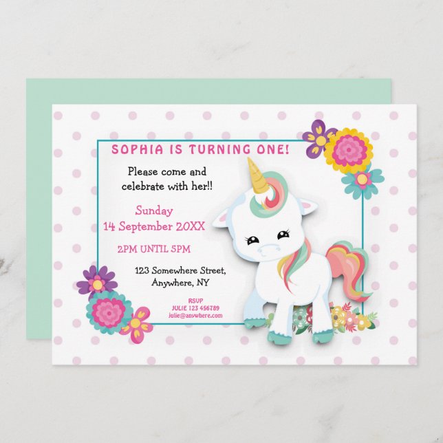 Invitation Cute blanc Unicorn rose Pois premier anniversaire (Devant / Derrière)