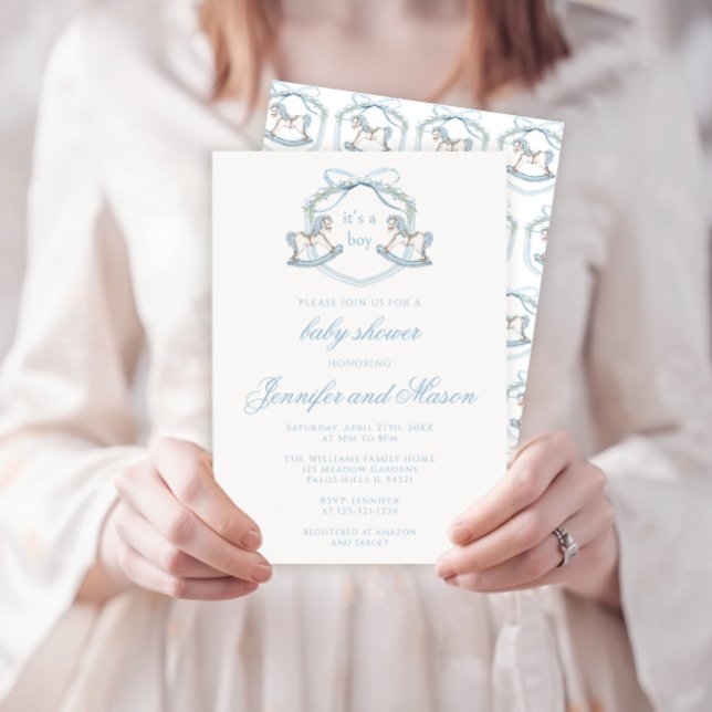 Invitation Cute bleu rocking cheval classique bébé garçon dou (Créateur téléchargé)