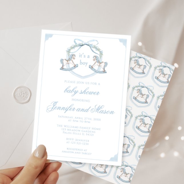 Invitation Cute bleu rocking cheval crête boho bébé garçon do (Créateur téléchargé)