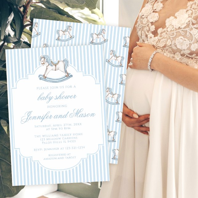 Invitation Cute bleu rocking cheval stipé bébé garçon douche (Créateur téléchargé)