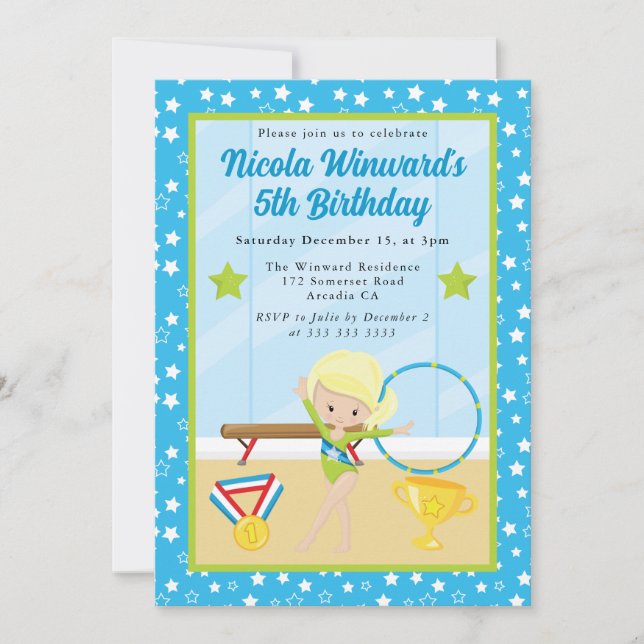 Invitation Cute Blonde Haired Girl Gymnast Anniversaire de en (Devant)