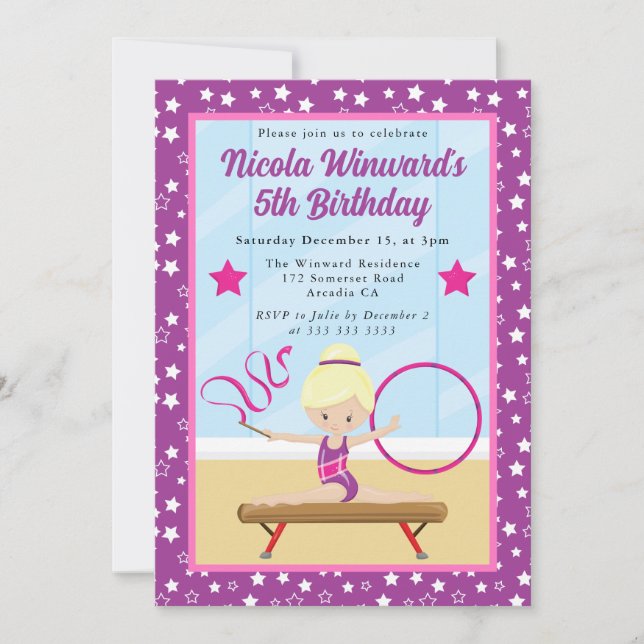 Invitation Cute Blonde Haired Girl Gymnast Anniversaire de en (Devant)