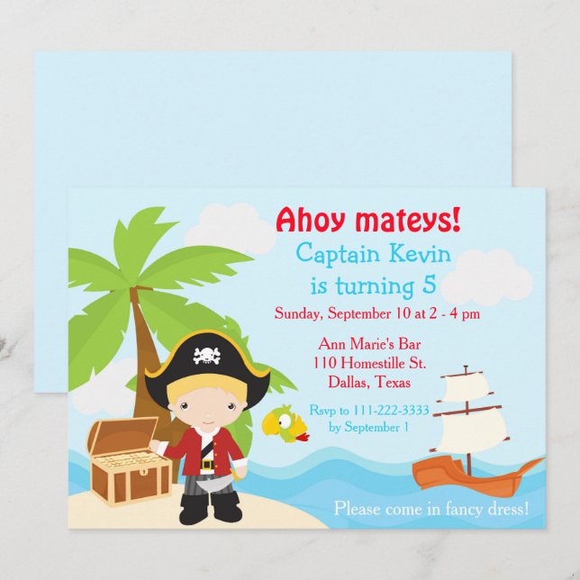 Invitation Cute Blonde Pirate Boy Fête d'Anniversaire (Devant / Derrière)