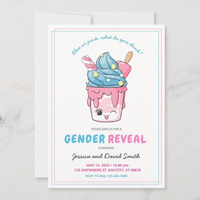Invitation Cute Blue and Pink Ice Cream Sunday Gender Revela (Devant)