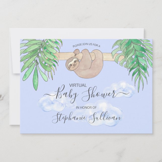 Invitation Cute Blue Baby Boy Sloth Baby shower virtuel (Devant)