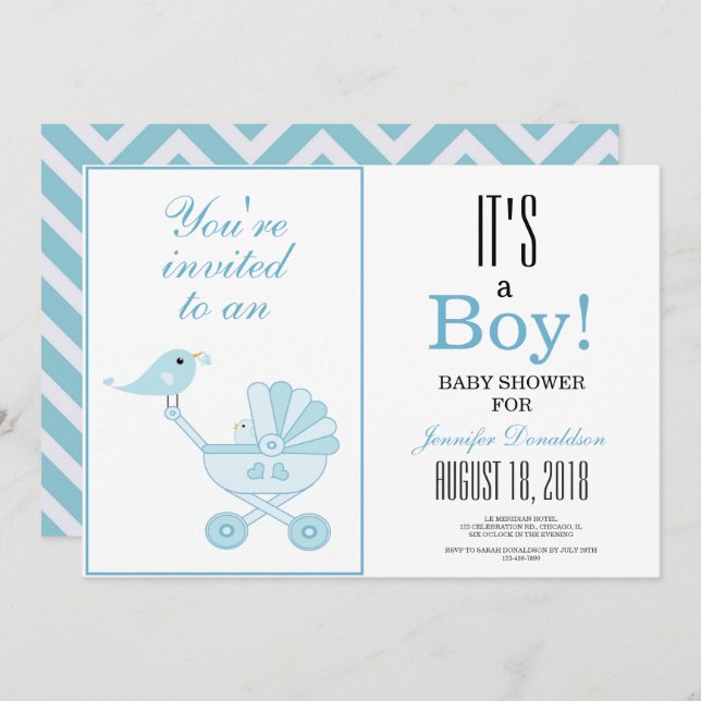 Invitation Cute Blue Bird Baby Carriage Baby shower Chevron (Devant / Derrière)