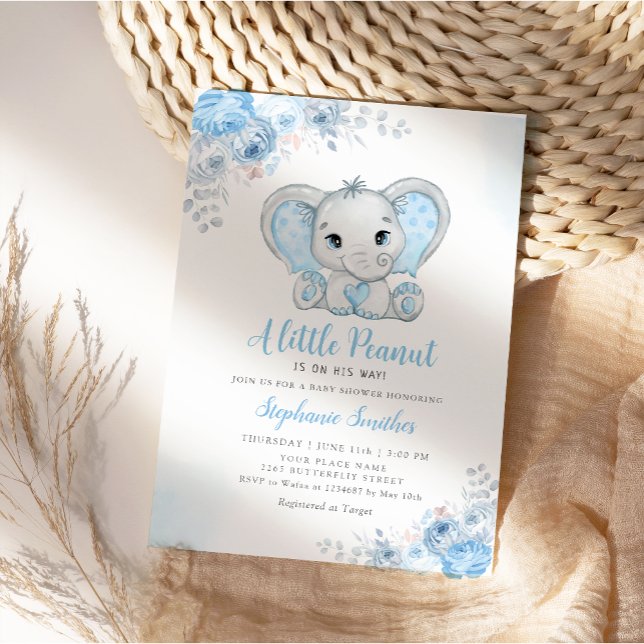 Invitation Cute Blue Boho Watercolor Elephant Boy Baby shower (Créateur téléchargé)