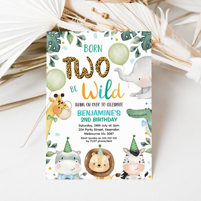 Invitation Cute Blue Born To Be Wild 2e Anniversaire Invitati (Born Two Be Wild Invitation Template, Safari 2nd Birthday Invite Boy, Cheetah Print, Party Hats)