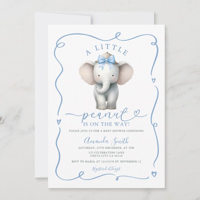 Invitation Cute Blue Bow Elephant Peanut Baby Shower  (Devant)
