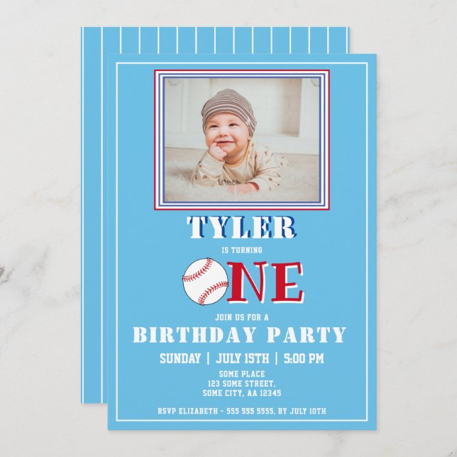 Invitation Cute Blue Boy Baseball Photo 1er anniversaire (Devant / Derrière)