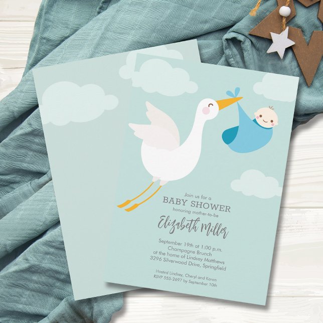 Invitation Cute Blue Bundle Baby shower Stork (Cute Blue Bundle Stork Boy Baby Shower Invitations, PRINTED and/or INSTANT DOWNLOAD)