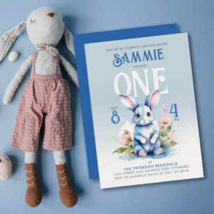 Invitation Cute Blue Bunny Floral Anniversaire Fête Aquarelle
