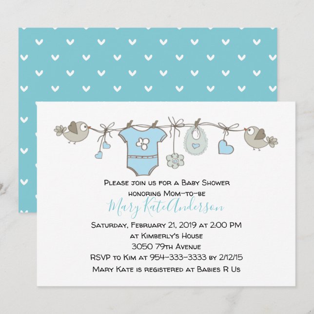 Invitation Cute Blue Clothes Line C'est un BABY SHOWER garçon (Devant / Derrière)