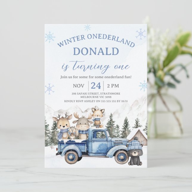 Invitation Cute Blue Editiable Winter Onederland Birthday  (Debout devant)