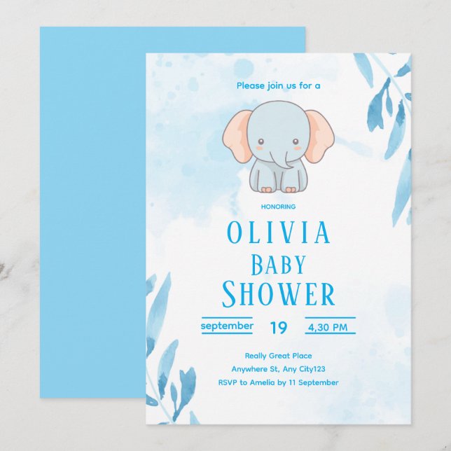 Invitation Cute Blue Elephant Baby Shower (Devant / Derrière)